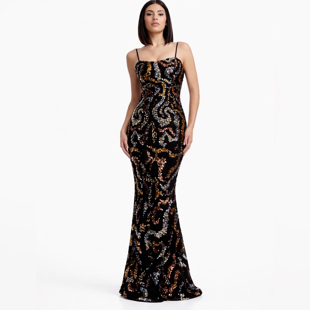 New Dress The Population Black Bronze Gold Multicolor Sequin Beaded Gown Xs